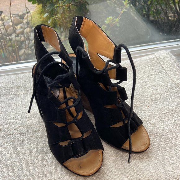 MELROSE & MARKET 'CALISTA' Women's Black Lace Up Wedge Heel Sandals, Size 6 - Picture 1 of 8